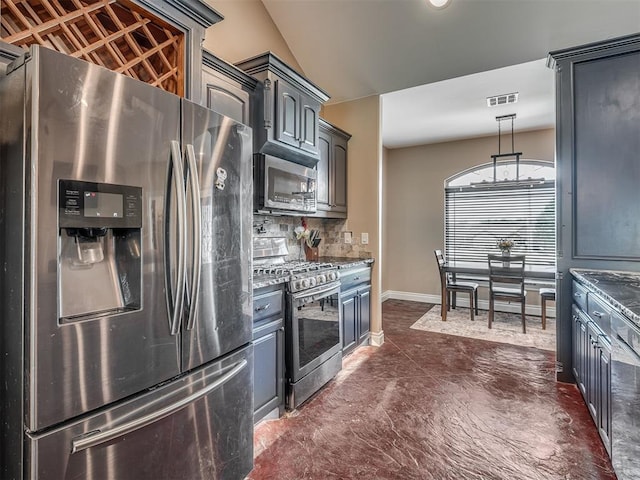 19855 Walker Rd, Mcloud, OK 74851 - kitchen featuring appliances with stainless steel finishes, decorative backsplash, stone counters, and hanging light fixtures