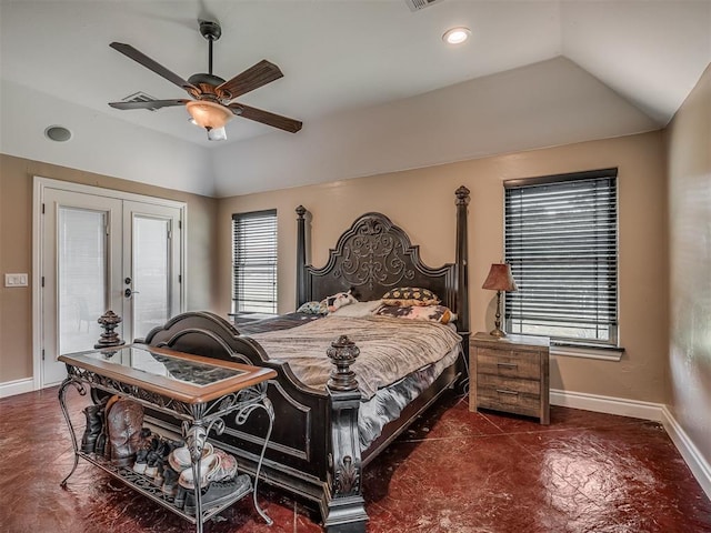 19855 Walker Rd, Mcloud, OK 74851 - bedroom with french doors, lofted ceiling, a ceiling fan, recessed lighting, and access to outside