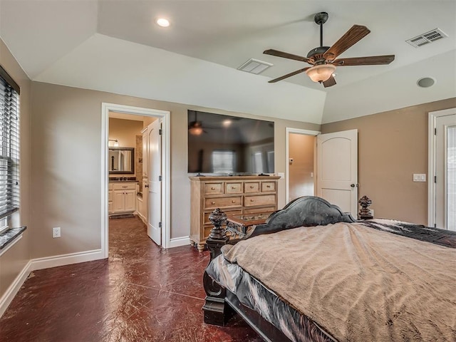 19855 Walker Rd, Mcloud, OK 74851 - bedroom with vaulted ceiling, ensuite bath, and a ceiling fan