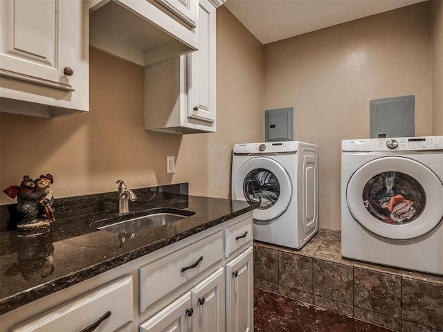19855 Walker Rd, Mcloud, OK 74851 - washroom with washing machine and clothes dryer, electric panel, and cabinet space
