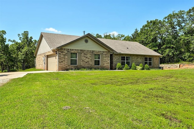 19100 SE 134th St, Mcloud, OK 74851 - single story home with concrete driveway, a front lawn, an attached garage, and brick siding