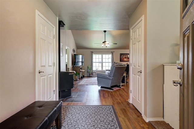 19100 SE 134th St, Mcloud, OK 74851 - foyer featuring dark wood-style flooring and a ceiling fan