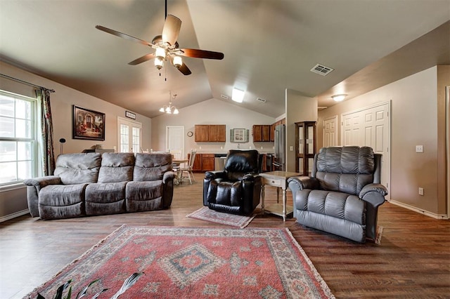 19100 SE 134th St, Mcloud, OK 74851 - living room with a ceiling fan, vaulted ceiling, and dark wood-style flooring