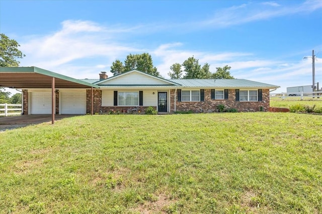331249 E 1020th Rd, Harrah, OK 73045 - ranch-style house featuring a garage, brick siding, driveway, an attached carport, and a chimney