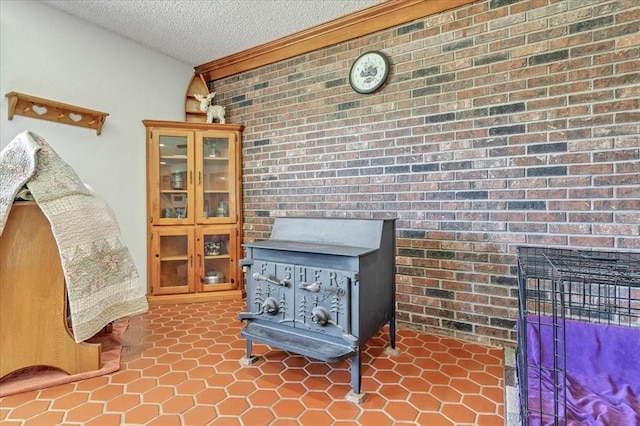 331249 E 1020th Rd, Harrah, OK 73045 - detailed view of a wood stove, a textured ceiling, and brick wall