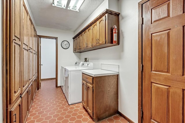331249 E 1020th Rd, Harrah, OK 73045 - laundry room with cabinet space, independent washer and dryer, a textured ceiling, and tile patterned flooring