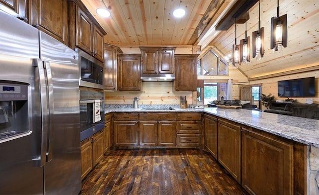 1723 Pine Hills Rd, Broken Bow, OK 74728 - kitchen with appliances with stainless steel finishes, wooden ceiling, dark wood-type flooring, light stone countertops, and recessed lighting