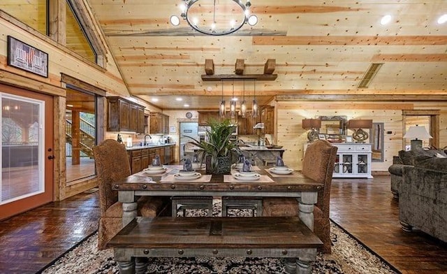 1723 Pine Hills Rd, Broken Bow, OK 74728 - dining area featuring dark wood-style flooring, lofted ceiling, wood walls, wood ceiling, and a chandelier