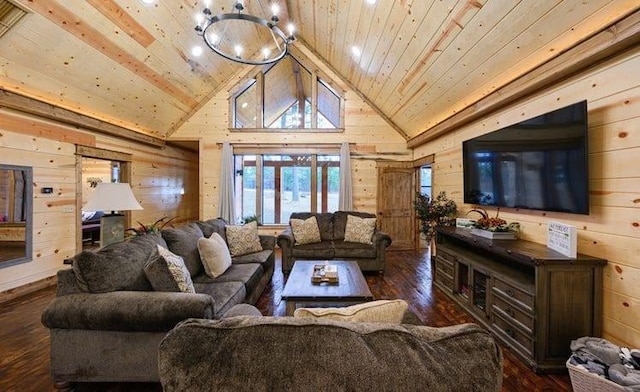 1723 Pine Hills Rd, Broken Bow, OK 74728 - living area featuring wooden walls, wood ceiling, hardwood / wood-style flooring, high vaulted ceiling, and a chandelier