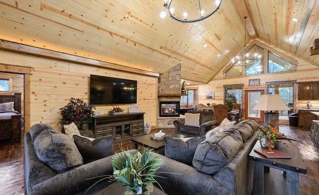 1723 Pine Hills Rd, Broken Bow, OK 74728 - living room featuring a wood ceiling with exposed beams, hardwood / wood-style floors, wooden walls, plenty of natural light, and high vaulted ceiling