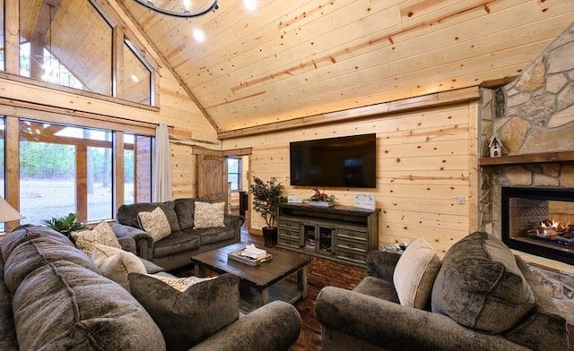 1723 Pine Hills Rd, Broken Bow, OK 74728 - living room featuring wood ceiling, wood walls, high vaulted ceiling, and a fireplace