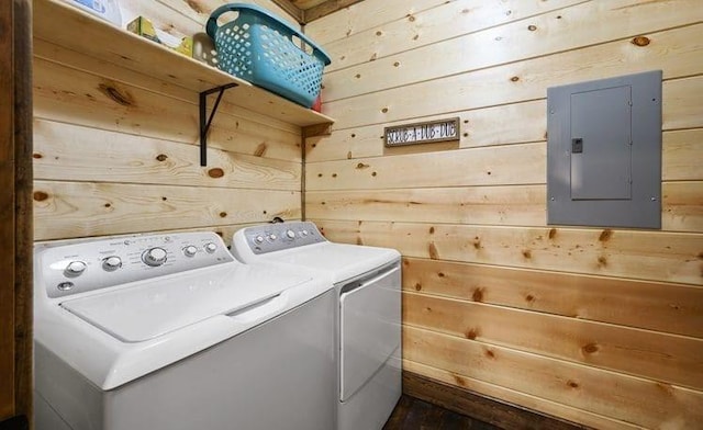 1723 Pine Hills Rd, Broken Bow, OK 74728 - laundry area with electric panel, separate washer and dryer, and wooden walls