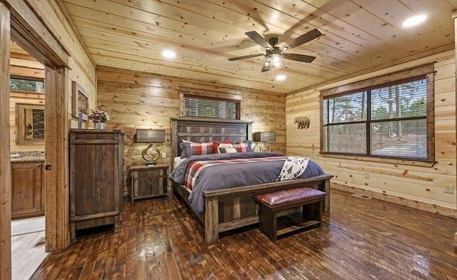 1723 Pine Hills Rd, Broken Bow, OK 74728 - bedroom featuring wooden ceiling, dark wood finished floors, and wooden walls
