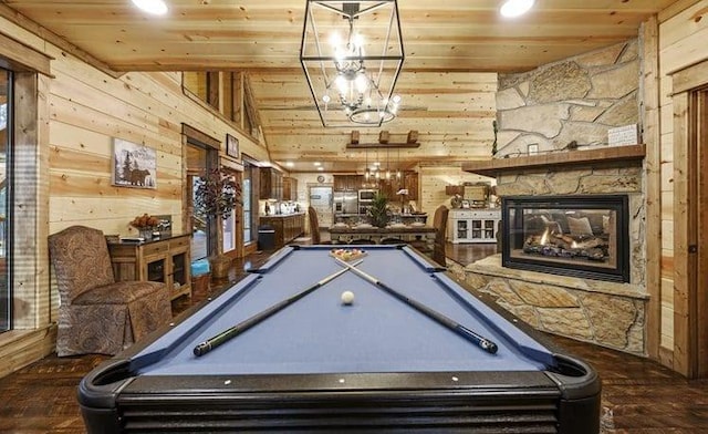 1723 Pine Hills Rd, Broken Bow, OK 74728 - game room with wooden ceiling, billiards table, wood walls, wood finished floors, and lofted ceiling