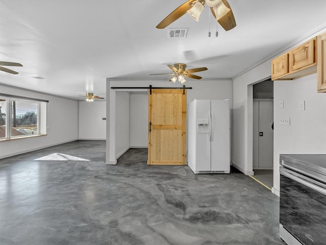 500 W Simpson Rd, Edmond, OK 73034 - unfurnished living room with a ceiling fan, a barn door, and finished concrete floors