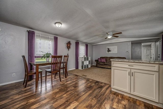 6550 N Indian Meridian Rd, Coyle, OK 73027 - dining space featuring a textured ceiling, a ceiling fan, dark wood-style flooring, and vaulted ceiling