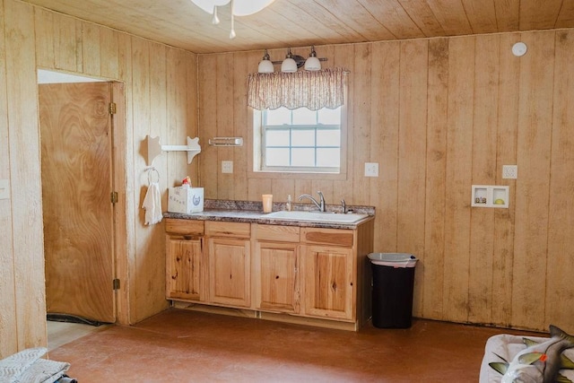 12223 N 2040th Rd, Sentinel, OK 73664 - bathroom featuring wood walls, finished concrete flooring, wooden ceiling, vanity, and ceiling fan