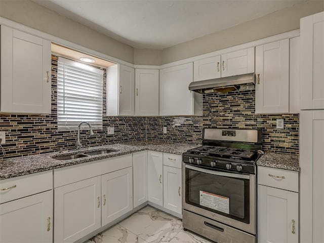 2837 SW 63rd St, Oklahoma City, OK 73159 - kitchen featuring stainless steel gas range oven, exhaust hood, light marble finish flooring, white cabinetry, and light stone countertops
