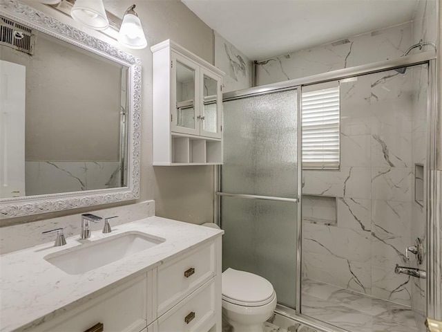 2837 SW 63rd St, Oklahoma City, OK 73159 - bathroom with marble look tile flooring, a marble finish shower, and vanity