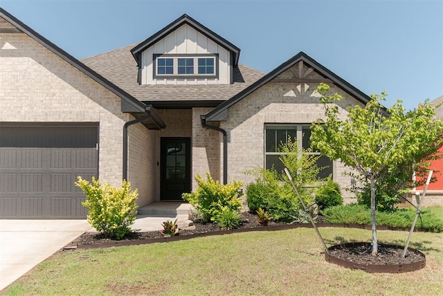 16101 Villa Valeria Way, Edmond, OK 73013 - view of front of property featuring a garage, a front yard, a shingled roof, brick siding, and concrete driveway