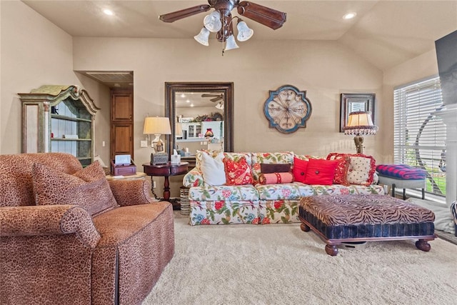 901 Gartrell Pl, Weatherford, OK 73096 - carpeted living area featuring ceiling fan, vaulted ceiling, and recessed lighting