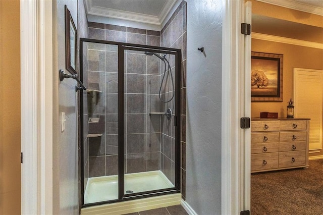 1106 Prairie Dunes Ct, Norman, OK 73072 - full bathroom featuring ornamental molding, a stall shower, and a textured wall