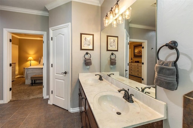 1106 Prairie Dunes Ct, Norman, OK 73072 - ensuite bathroom featuring double vanity, ornamental molding, and tile patterned flooring