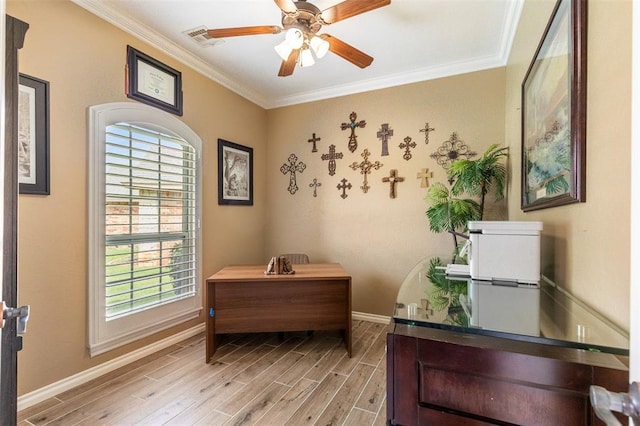 1106 Prairie Dunes Ct, Norman, OK 73072 - home office featuring plenty of natural light, light wood-style floors, crown molding, and ceiling fan