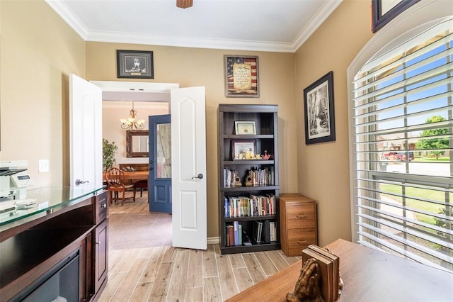 1106 Prairie Dunes Ct, Norman, OK 73072 - office featuring a chandelier, ornamental molding, and light wood-type flooring
