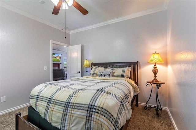 1106 Prairie Dunes Ct, Norman, OK 73072 - bedroom with carpet flooring, ornamental molding, and a ceiling fan