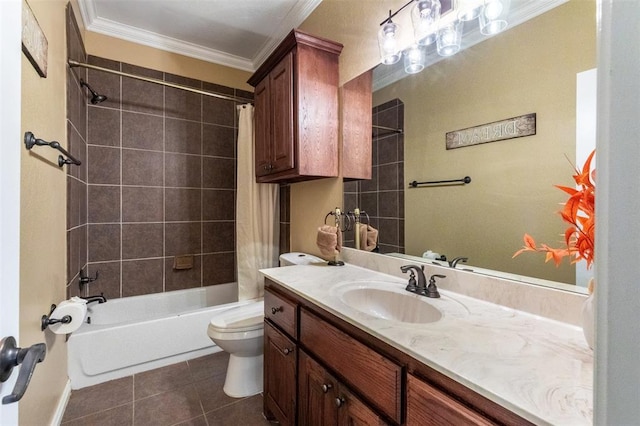 1106 Prairie Dunes Ct, Norman, OK 73072 - bathroom with ornamental molding, vanity, shower / bath combination with curtain, and tile patterned flooring
