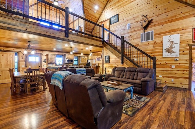 708 Split Creek Ln, Broken Bow, OK 74728 - living area featuring high vaulted ceiling, wood walls, dark wood finished floors, stairs, and wooden ceiling