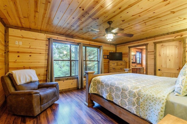 708 Split Creek Ln, Broken Bow, OK 74728 - bedroom with wood walls, wooden ceiling, and dark wood-style flooring