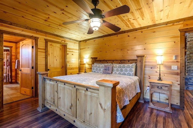 708 Split Creek Ln, Broken Bow, OK 74728 - bedroom featuring wooden ceiling, wooden walls, dark wood-type flooring, and ceiling fan