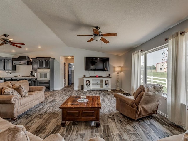 111 E Memorial, Marlow, OK 73055 - living area featuring a ceiling fan, vaulted ceiling, wood finished floors, a textured ceiling, and recessed lighting