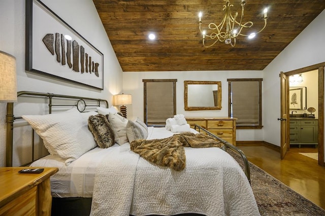 99 Sawtooth Pine Rd, Broken Bow, OK 74728 - bedroom featuring vaulted ceiling, a chandelier, and wood ceiling