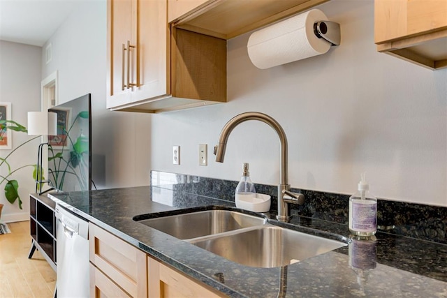444 N Central Ave Unit 106, Oklahoma City, OK 73104 - kitchen featuring dishwasher, light brown cabinets, dark stone counters, and light wood-style floors
