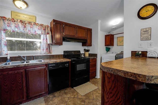 11221 N 1928th Rd, Sayre, OK 73662 - kitchen featuring washing machine and clothes dryer, black appliances, under cabinet range hood, dark countertops, and dark tile patterned floors