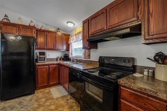 11221 N 1928th Rd, Sayre, OK 73662 - kitchen featuring black appliances, exhaust hood, lofted ceiling, dark countertops, and light tile patterned flooring