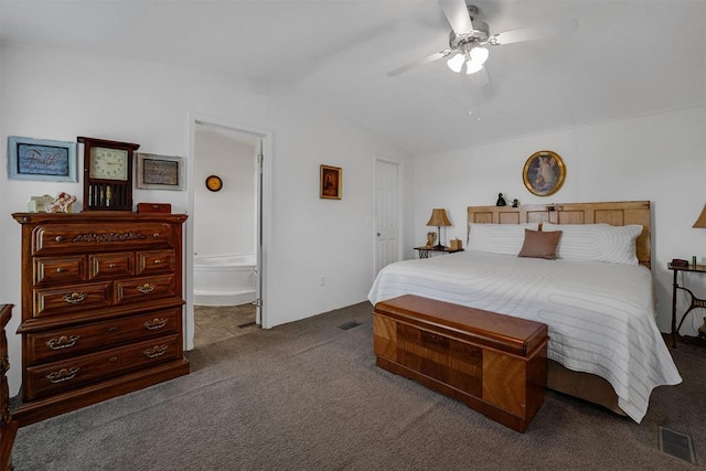 11221 N 1928th Rd, Sayre, OK 73662 - carpeted bedroom featuring lofted ceiling, connected bathroom, and ceiling fan