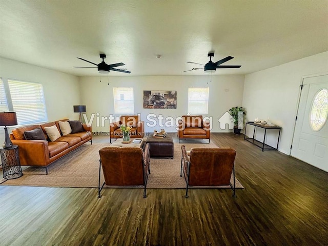 209 SW 6th St, Blanchard, OK 73010 - living room with ceiling fan and wood finished floors