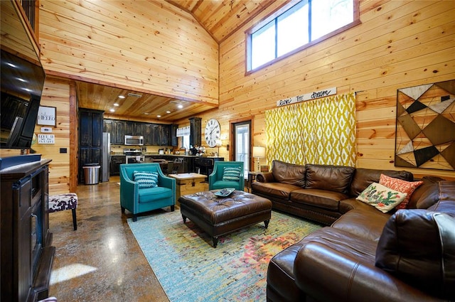 318 Camp Ranch Rd, Broken Bow, OK 74728 - living area with high vaulted ceiling, wood walls, and wooden ceiling
