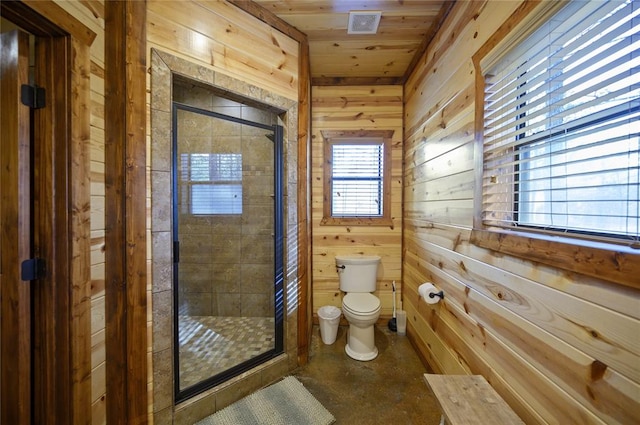 318 Camp Ranch Rd, Broken Bow, OK 74728 - full bath featuring a stall shower, wood walls, concrete flooring, and wood ceiling