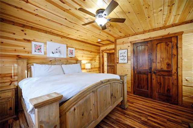 318 Camp Ranch Rd, Broken Bow, OK 74728 - bedroom featuring wooden ceiling, wood walls, dark wood-style flooring, and ceiling fan