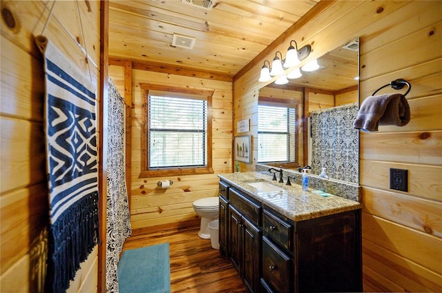 318 Camp Ranch Rd, Broken Bow, OK 74728 - full bathroom with wood ceiling, wood finished floors, wood walls, vanity, and curtained shower