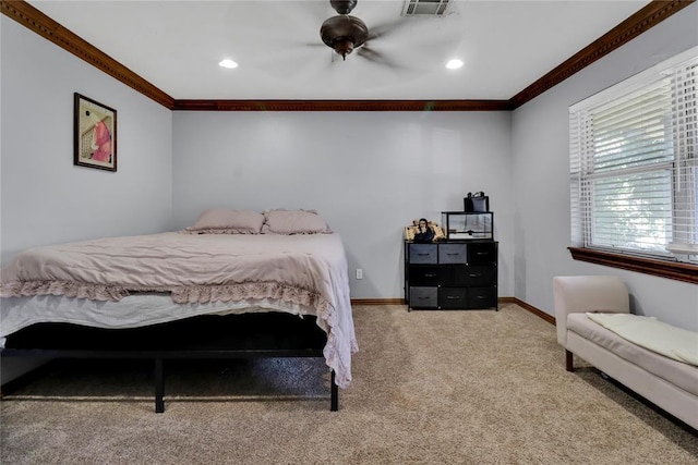 1001 NW 2nd St, Moore, OK 73160 - bedroom featuring ornamental molding, carpet floors, recessed lighting, and ceiling fan