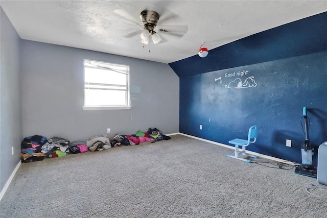 1001 NW 2nd St, Moore, OK 73160 - recreation room featuring carpet, ceiling fan, and lofted ceiling