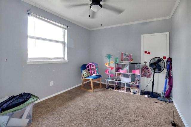 1001 NW 2nd St, Moore, OK 73160 - game room featuring ceiling fan, ornamental molding, and carpet floors