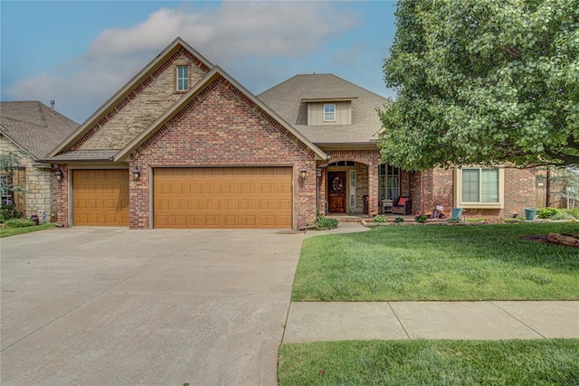 view of front facade with an attached garage, brick siding, a front yard, driveway, and a porch