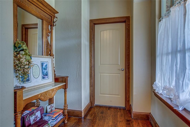 entryway with baseboards and wood finished floors